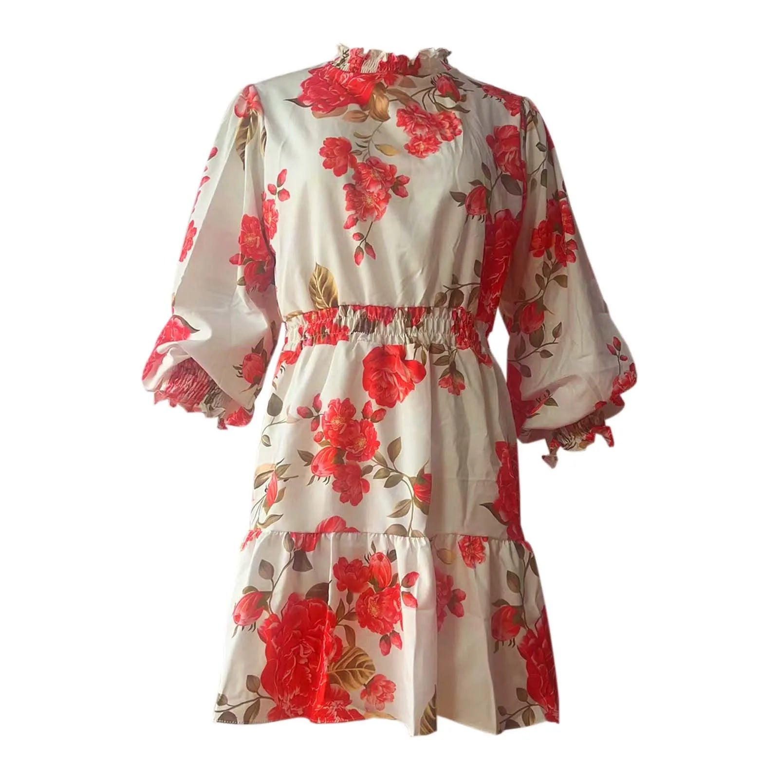 Women's Casual Dresses Sweet Floral Print Ruffle Turtleneck Midi Dress A Line Fresh Style High Waist Dresses Vintage Dress