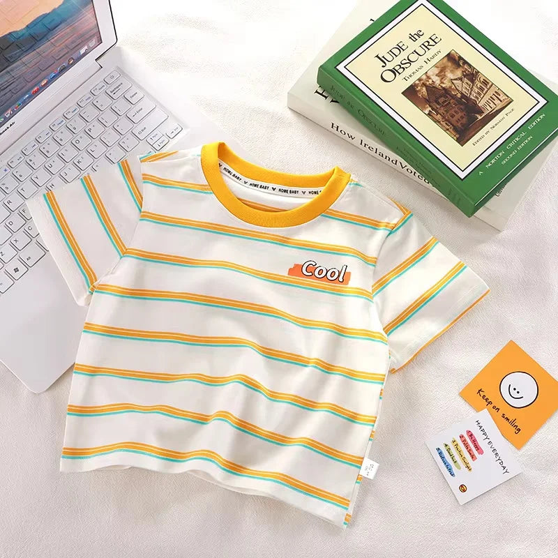 Children's Short-Sleeved Boys Girls 2024 Summer New Striped T-Shirt Baby Thin Section Half-Sleeved Bottoming Shirt Casual Wear