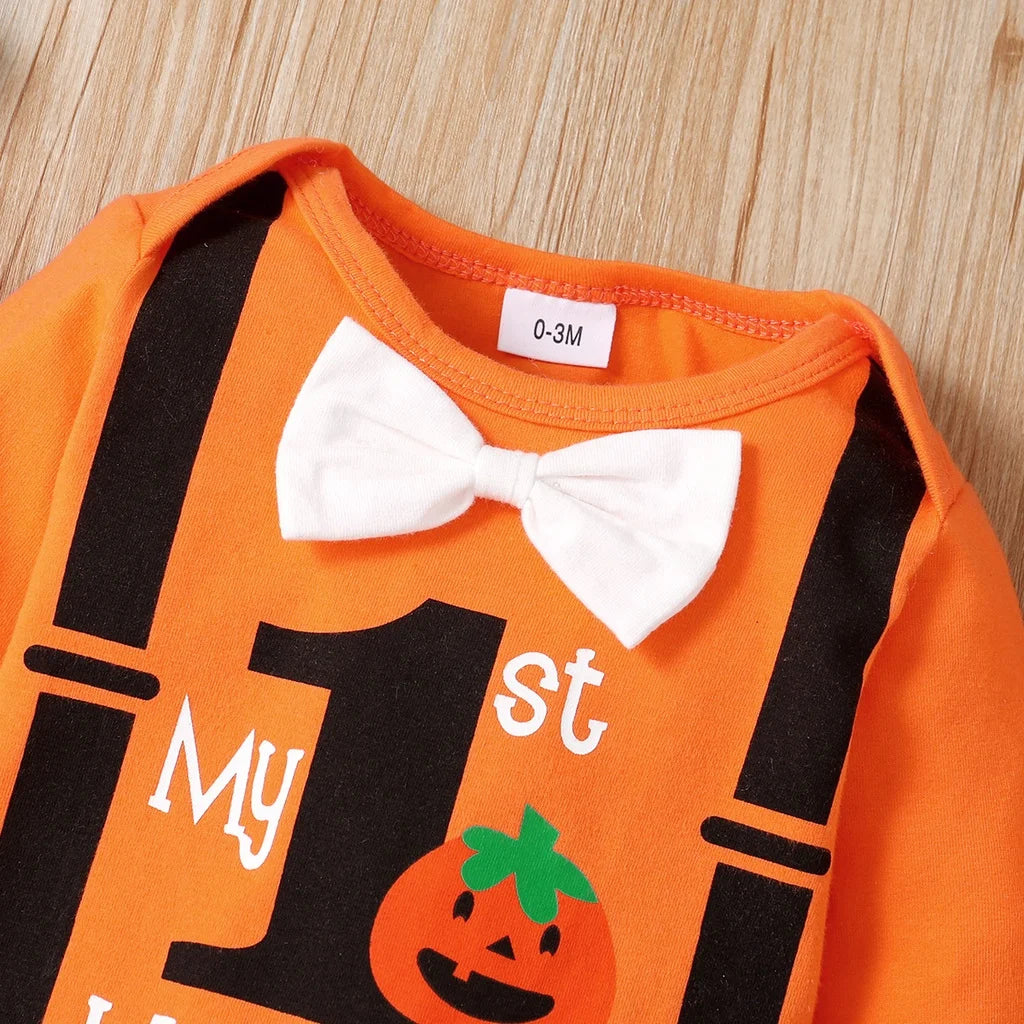0-18 Months Newborn Baby Boy First Halloween Clothing Set Pumpkin Bow Tie Long Sleeved Bodysuit+Pants+Hat Holiday Style Outfits