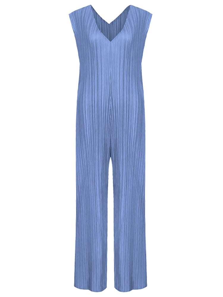 New Arrivals Summer Miyake Pleats Large Size Casual Loose V-neck Sleeveless Black Women Jumpsuit Bell Bottom Loose Dress