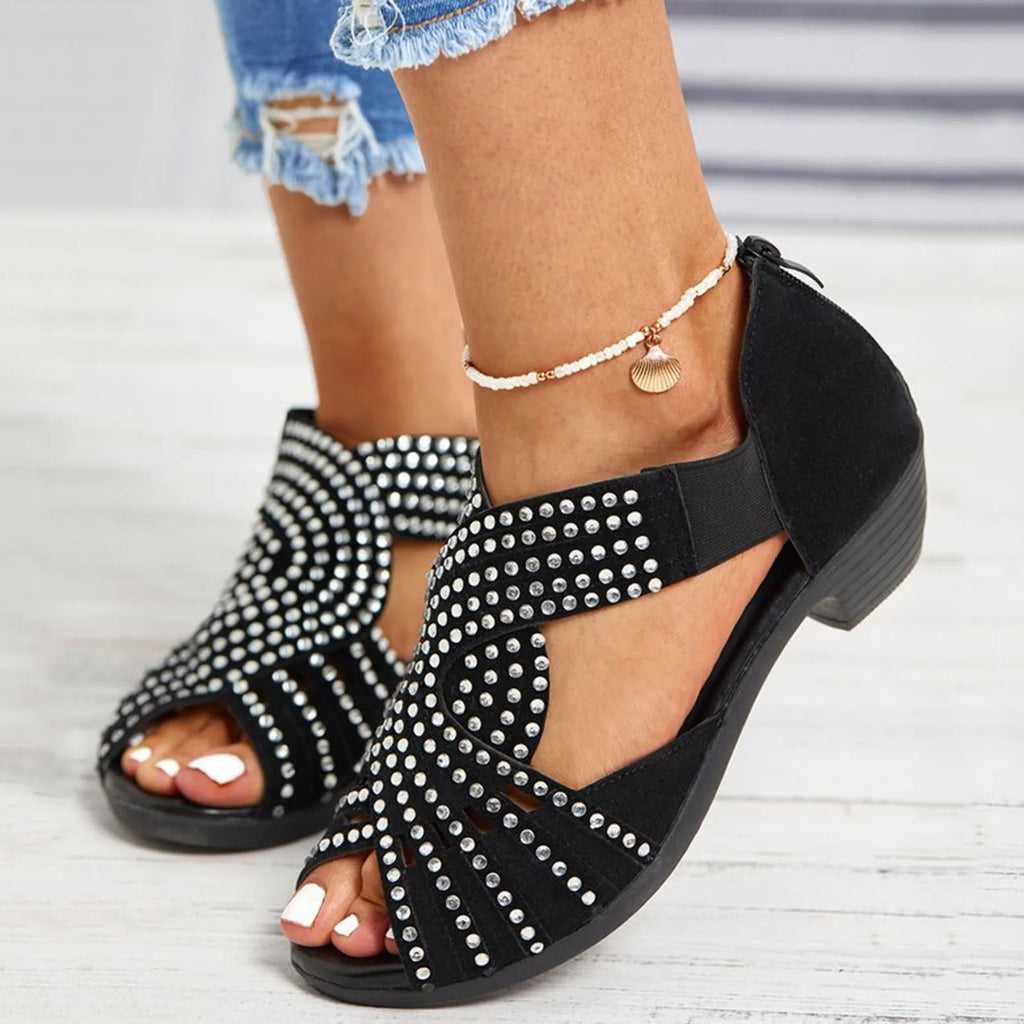 Rhinestones Diamond Sandals Women Summer Suede Open Toe Back Zipper Thick High Heel Sandals Shoes Hollow Out Rome Shoes Zapatos