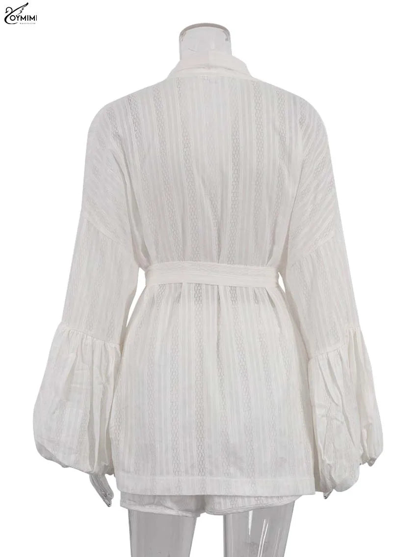 Oymimi Fashion White Cotton Women's Two Pieces Set Elegant Puff Sleeve Loose Lace-Up Shirts And High Waisted Shorts Female Sets