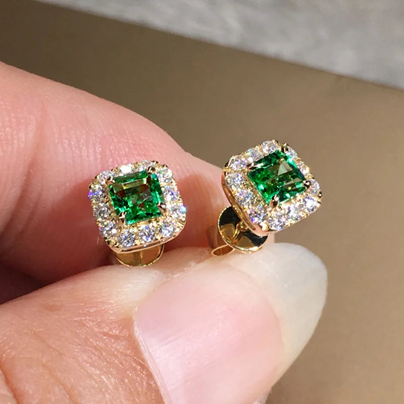 Huitan Eternity Green CZ Stud Earrings for Women Gold Color Luxury Bride Wedding Earrings Elegant Ear Accessories Party Jewelry