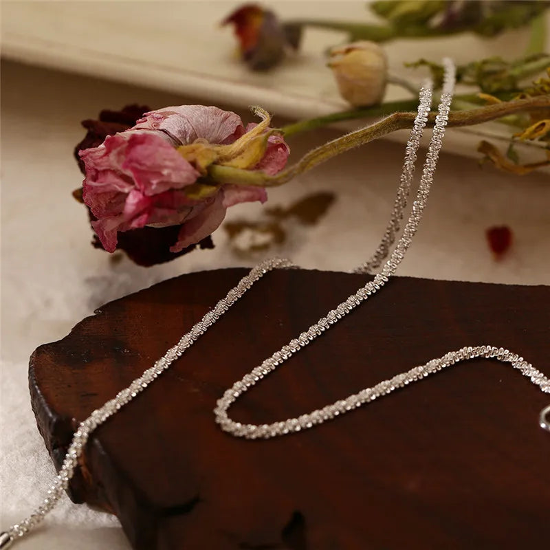 Authentic S925 Sterling Silver Necklace 2mm Sparkling Collarbone, Sweater Chain, High Charm Jewelry Gift Women