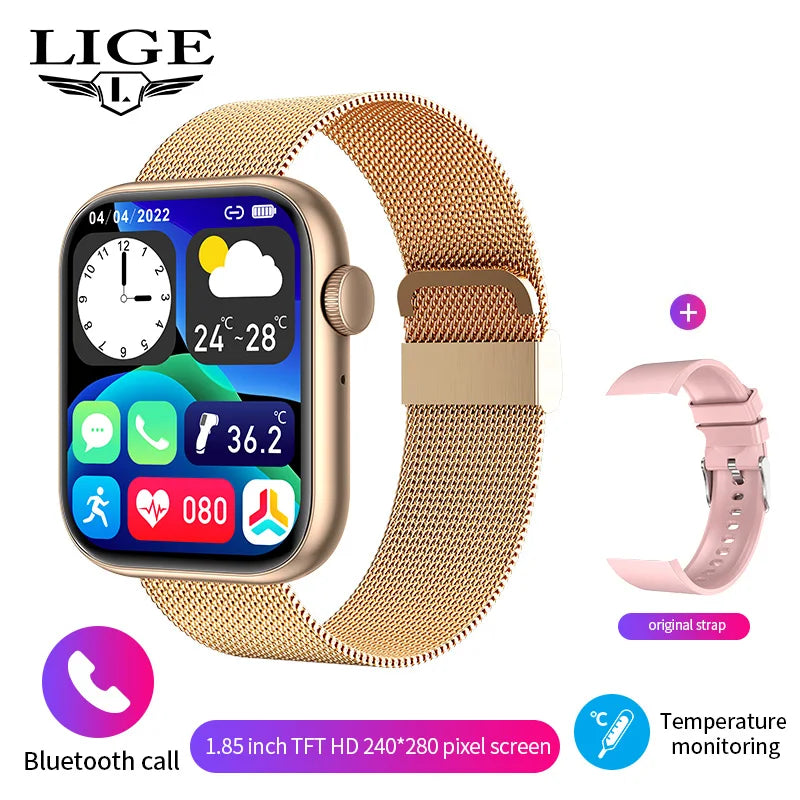 LIGE New Women Smart Watch 1.85 Full Touch Bluetooth Call Smart Wristwatch Body Temperature Watch Sports Bracelet Men Smartwatch