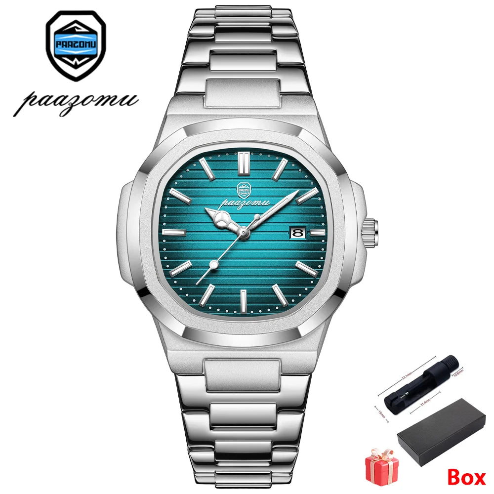 PAAZOMU Top Luxury Military Man Watch Square Waterproof Luminous Date Week Men Watch Stainless Steel Quartz Men's Watches Reloj