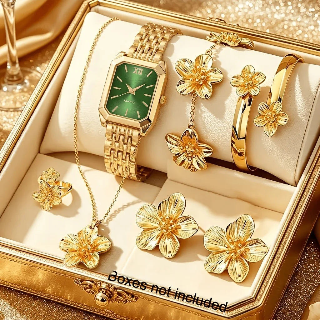 7pcs Elegant Rectangle Women Watch Jewelry Set Fashion Ladies Quartz Wristwatches Flowers Accessories Gifts（Without Box）