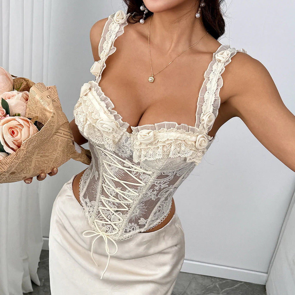 MAE 2026 Sheer Embroidery Corset Top Women Strapless Lace Up Floral Beach Short Top French Party Evening Mini Camisole