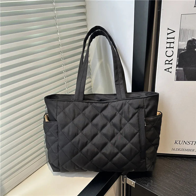 Multi Pocket Women Mailman Bag Diamond Patterned Cotton Clothing Shoulder Bag Large Capacity Tote Bag Casual Nylon Shoulder Bag