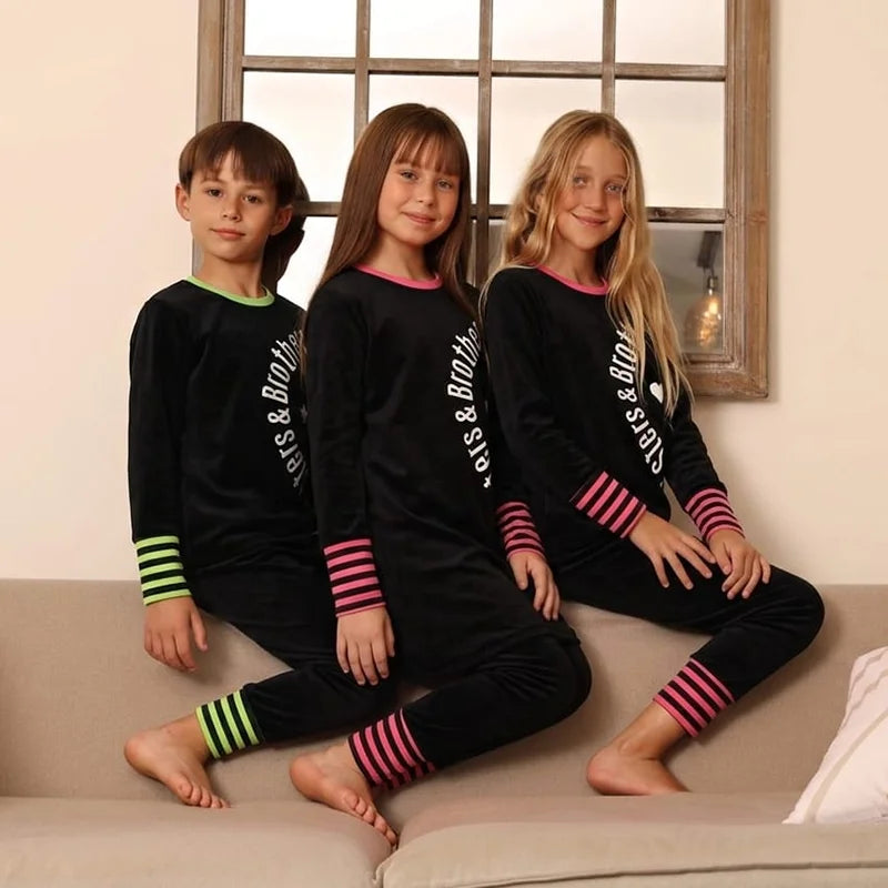 Children's Matching Clothes Set Siblings Black Velour Letters Print Boy And Girl Autumn Winter Comfortable Clothing