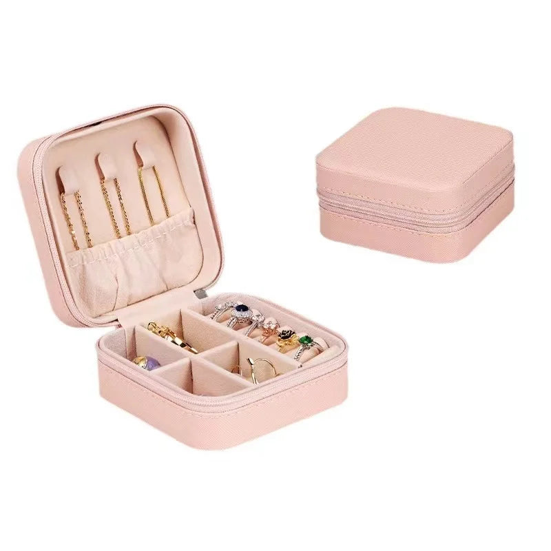 Solid Color PU Leather Material Jewelry Storage Box Travel Earrings Necklace Ring Organizer Case For Travel