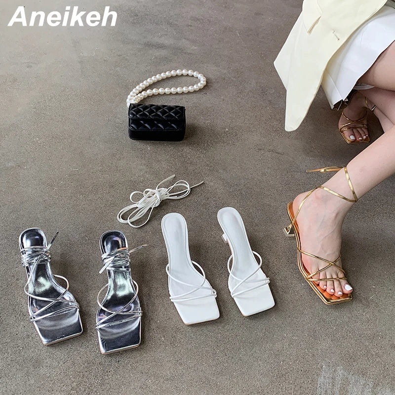 Aneikeh 2025 Fashion Patent Leather Sandals Thin Low Heel Cross-tied Lace Up Rome Summer Gladiator Women Narrow Band Party Shoes