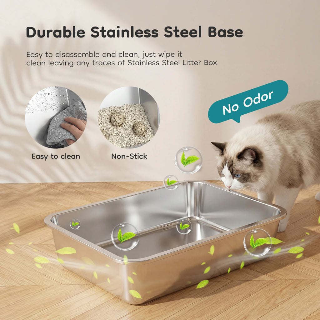 JHK 24IN Stainless Steel Cat Litter Box with Fully Enclosed 30L Large Cat Litter Box for Big Cats Cat Box Scoop and Mat Included