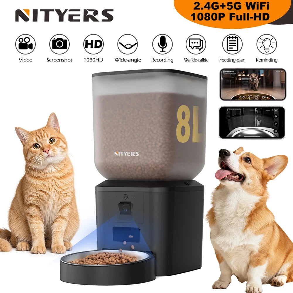 Nityers 8L Automatic Cat Feeder With 1080p Camera Video 5G WiFi Night Vision Cat Food Dispenser Smart Tuya APP Pet Auto Feeder