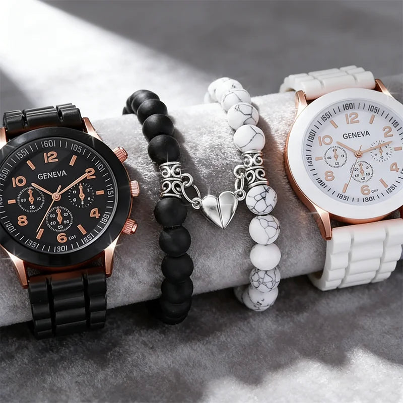 4pcs Fashionable, Minimalist, and Versatile Men AND WOMEN'S Couple Watch Pairing with Love Bead Bracelet Set