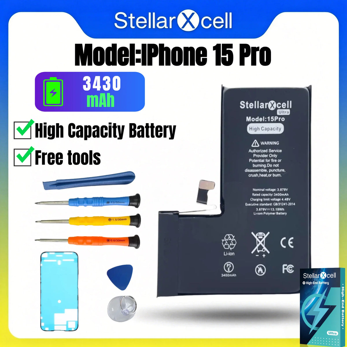 StellarXcell Ultra Original Battery High Capacity Cell for iPhone 7037 TI for 11 12 13 14 15 Pro Plus promax mini with Free Tool