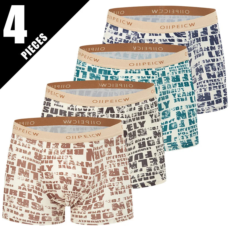 4 Pieces European and American Size MEN'S FASHION Printed Boxer Underwear Comfortable Swimming Trunks Oversized Underwear Shorts