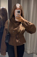 Autumn Winter Ladies Cropped Trench Jacket Faux Suede Double‑breasted Stand Collar Belt Waist Slim Fit Casual Outerwear Coat