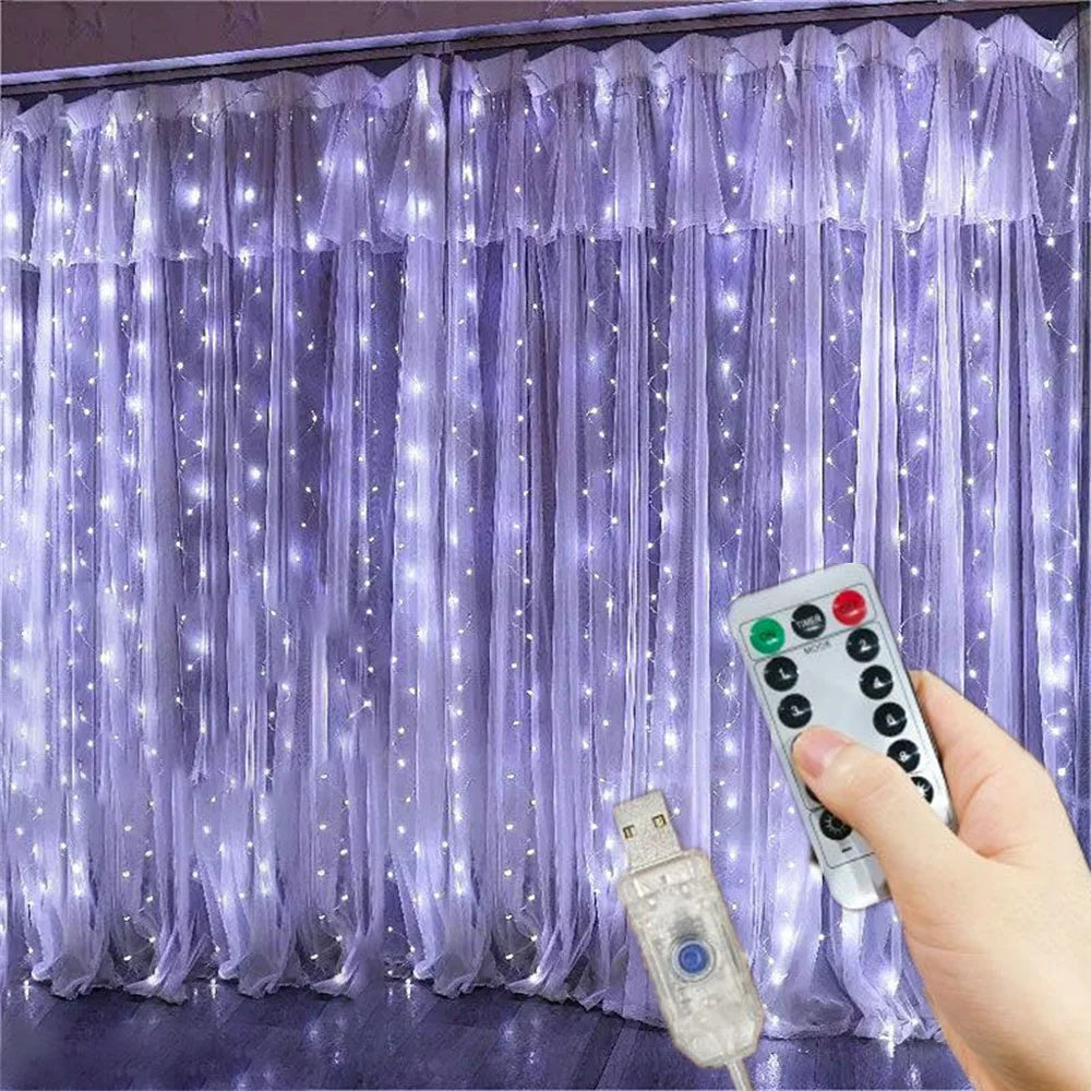 8 Modes LED Curtain Fairy Light USB Plug Wedding Garland Valentine's Day Ramadan EID Mubarak Decoration for Home Curtain Lights