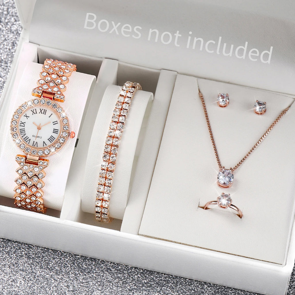 6PCS/Set Luxury Women Watches Fashion Rhinestone Roma Dial Bracelet Band Quartz Watch Jewelry Set Reloj Mujer（Without Box）