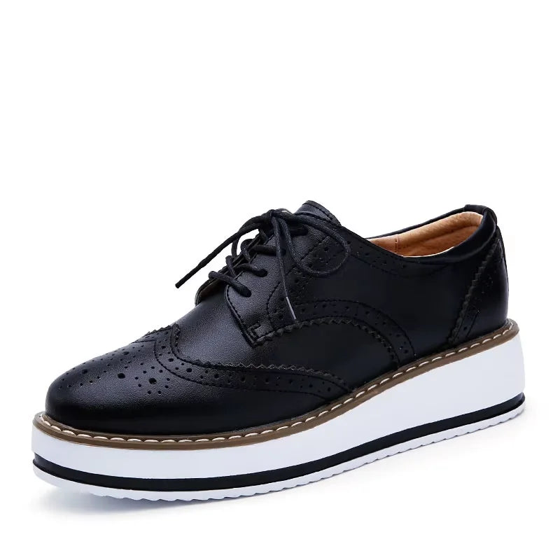 EOFK Spring Autumn Women Derby Platform Flats Brogue Leather Lace up Classic Bullock Footwear Gold Female Oxford Shoes Lady