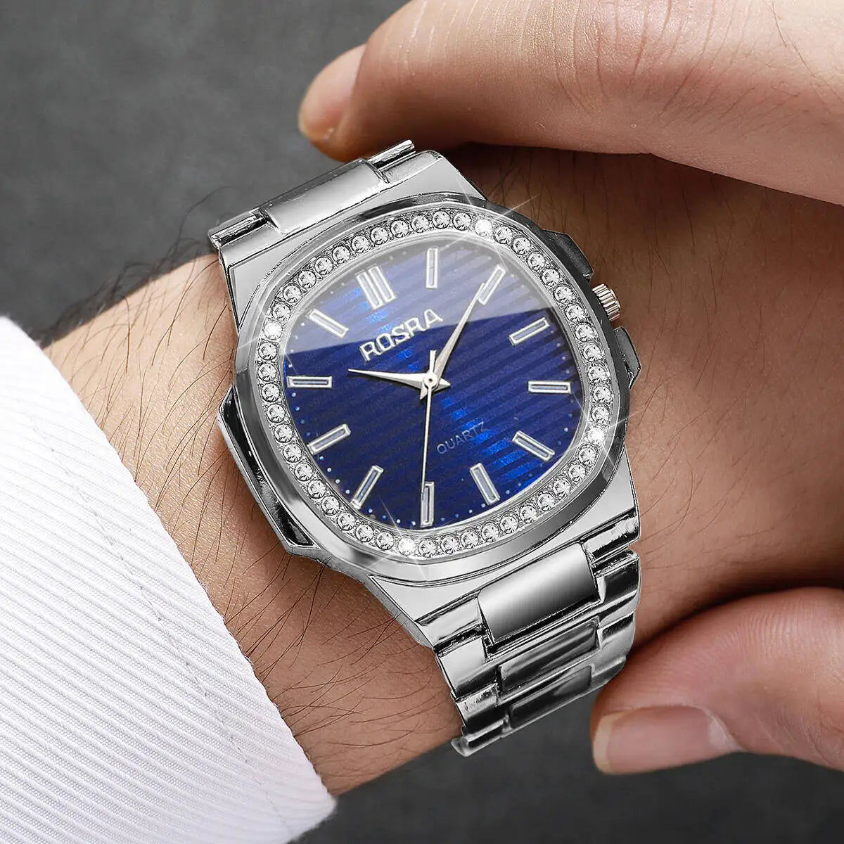 Fashion Square Men Business Watches Luxury Rhinestone Steel Band Male's Quartz Wristwatch Reloj Hombre（Without Box）