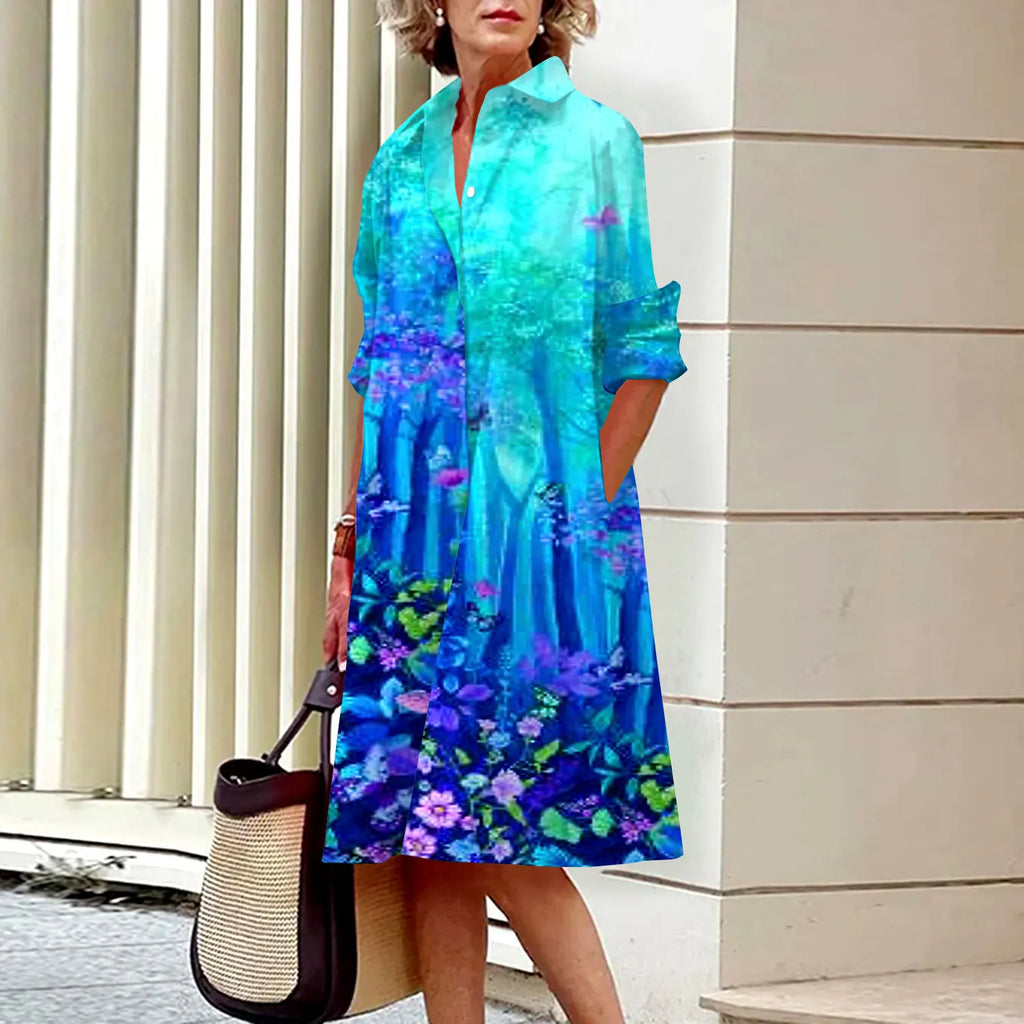 Summer New Women's Dresses Crushed Floral Long Sleeve Lapel Midi Luxury Women's Street Women's Shirt Pocket Temperament 2023