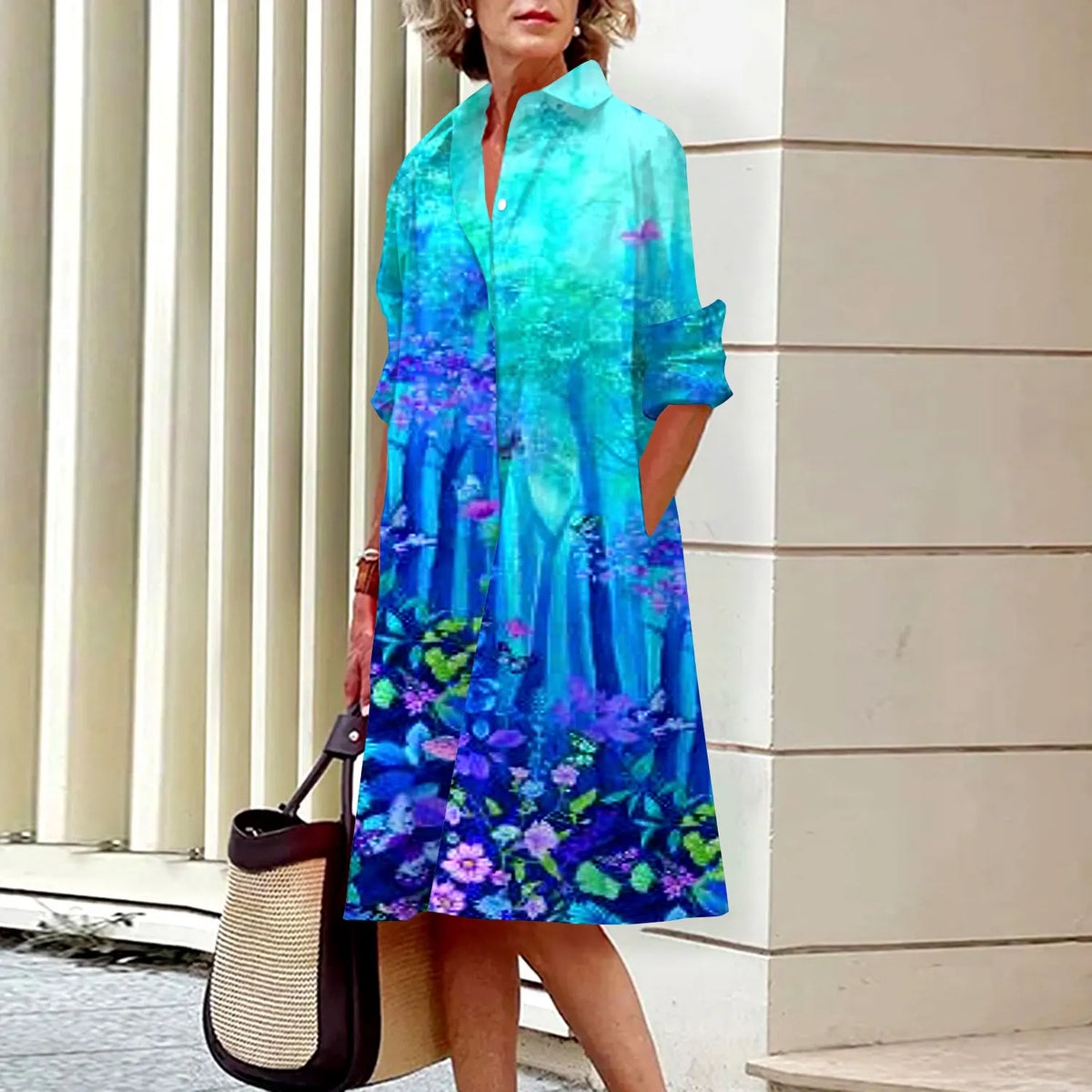 Summer New Women's Dresses Crushed Floral Long Sleeve Lapel Midi Luxury Women's Street Women's Shirt Pocket Temperament 2023