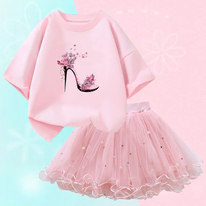 Fashion Summer Girls Outfits Pretty Ballet Dance Girl T-shirt and Tutu Skirt Set for Princess Clothes Suit Children Clothing