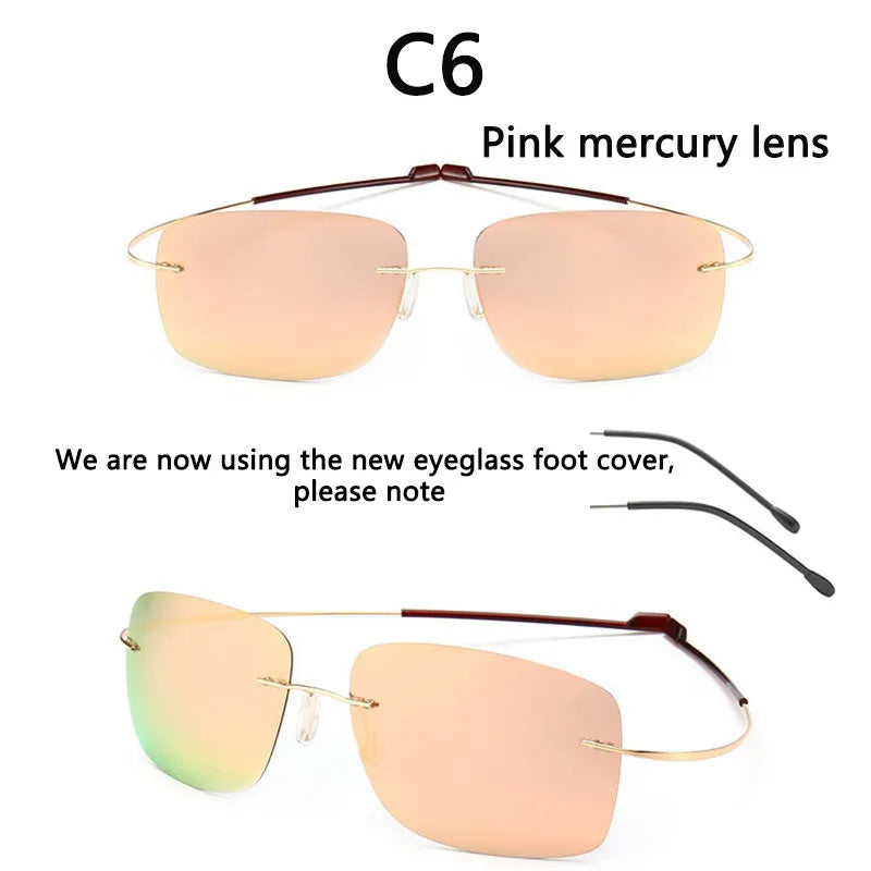 NEW Cool 100% Pure Titanium Rimless sunglasses Polarized Lenses Grey Super Thin Lenses Sun-shade UV protection UV400 spring leg