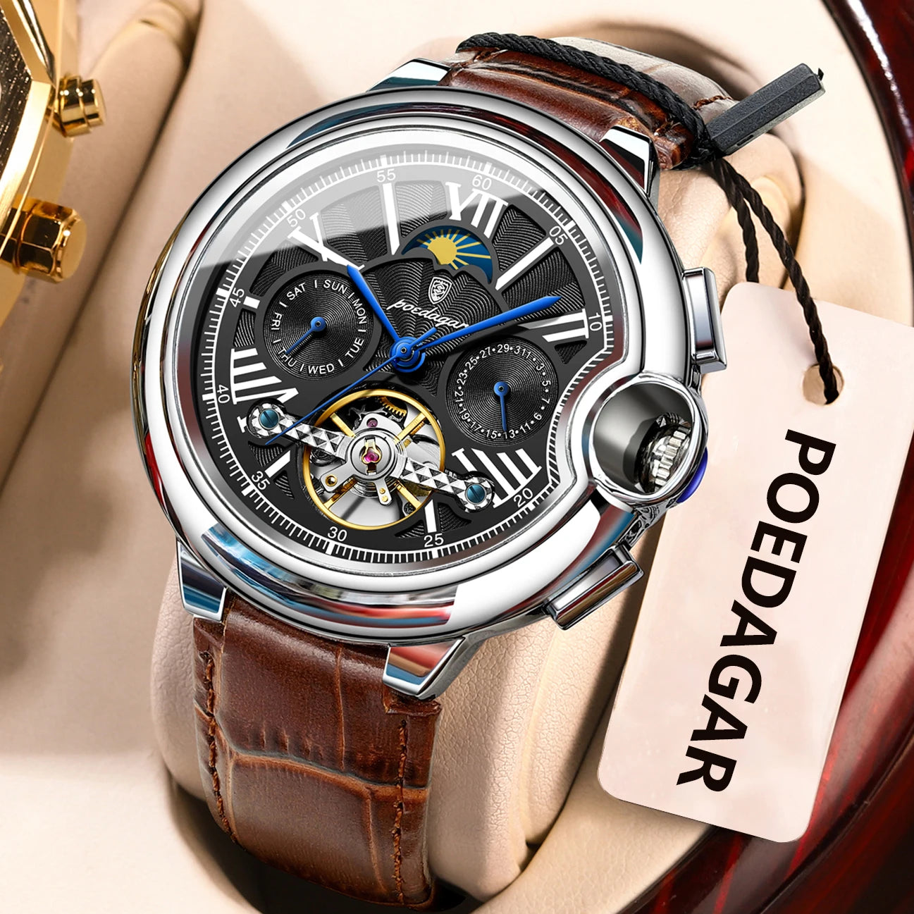 POEDAGAR Luxury Business Male Watch Date Week Stainless Steel Tourbillon Men Clock Waterproof Automatic Mechanical Men's Watches
