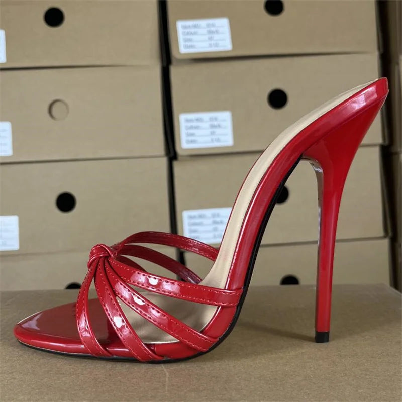 SDTRFT Slides Plus:45 46 47 48 Women Party Sandals Summer Elegant 13cm Thin High Heels Narrow Band Shoes Peep Toe RED Pumps