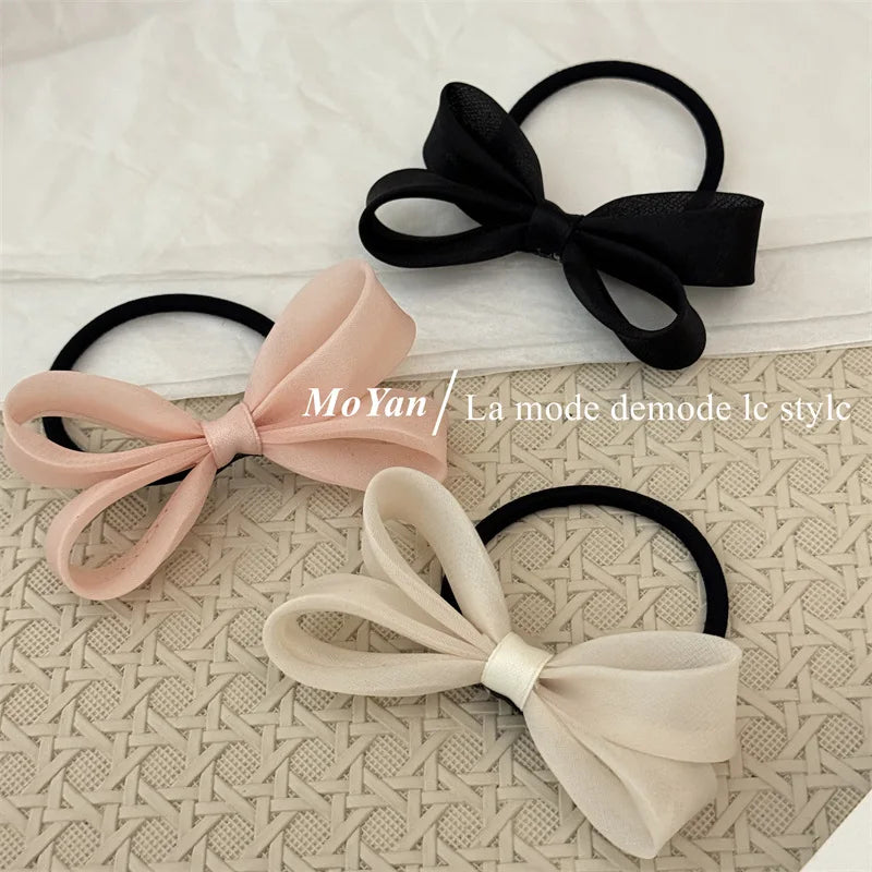 Korean mesh three-dimensional bow hair rope sweet girl headband rubber band double ponytail hair band on the back of the head