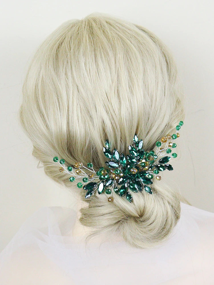 Green Crystal Bride Hair Comb Rhinestone Wedding Head Jewelry Bridal Hair Accessories for Women and Girls Bridesmaid Decor Gifts