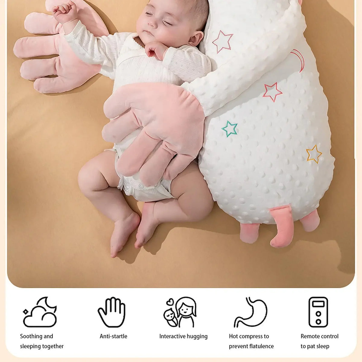 Baby Soothing Palm Patting Hand Plush Pillow Soothing Doll with Remote Control 3 Gear Adjustable for Bedroom Indoor Home Baby