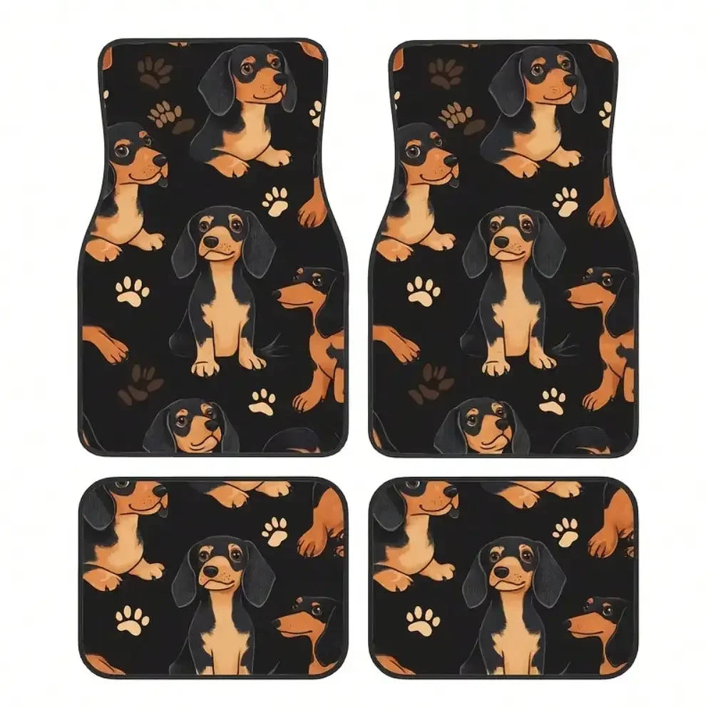 4pcs Dachshund Car Floor Mats - Fun Puppy with Paw Print Design, Non-Slip All-Weather Polyester, Suitable for Cars, Trucks, SUVs