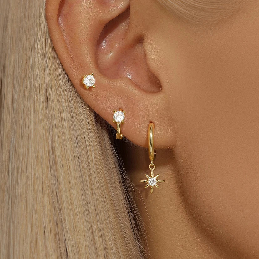 3PCS Gold Color Star Earrings Set for Women Zircon Pendant Stainless Steel Hoop Earring Trend Wedding Jewelry pendientes mujer