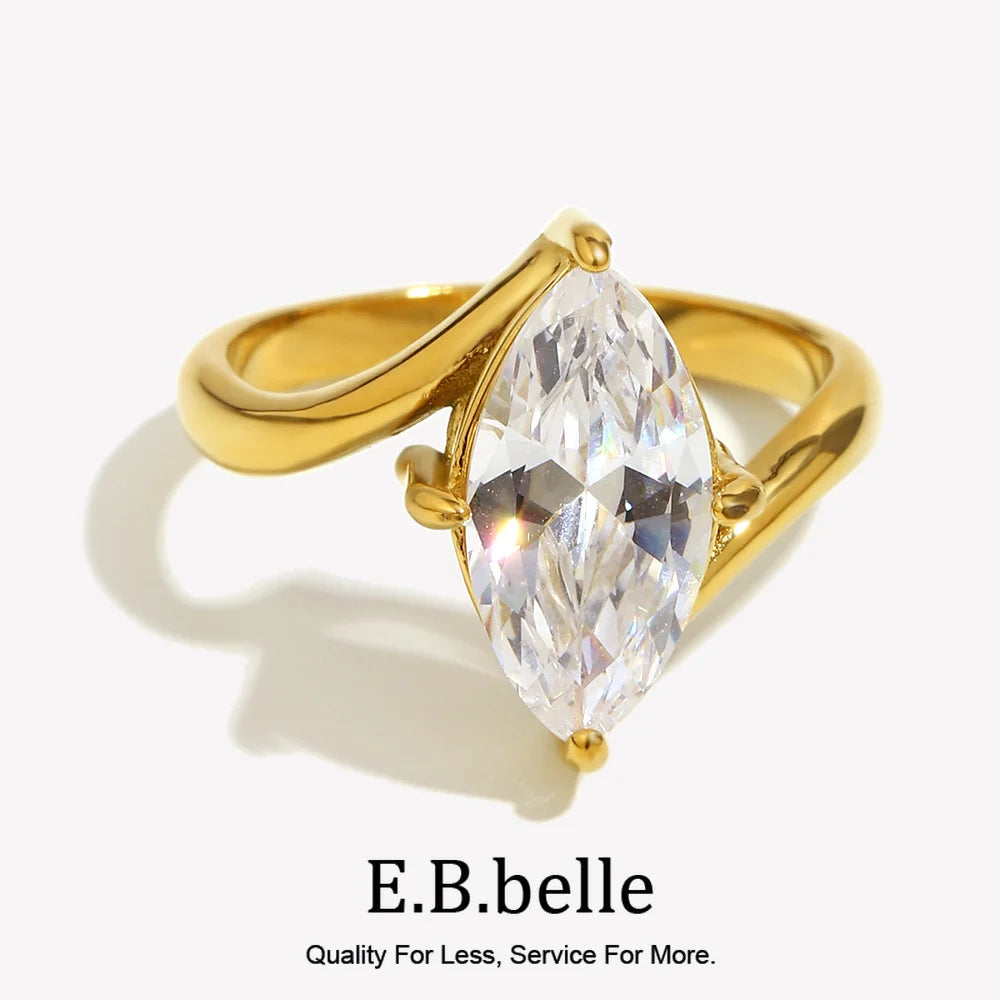 E.B.belle Stainless Steel Elegent Fashion Horse Eyes Oblique Ring Charm 18K Gold Plated Jewelry For Women's Gift