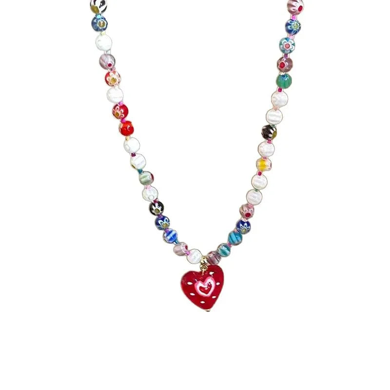 ZAKOL Dopamine Colorful Glass Bead Heart-shaped Pendant Necklaces for Women Sweet Collarbone Chains Necklace Trendy Accessories