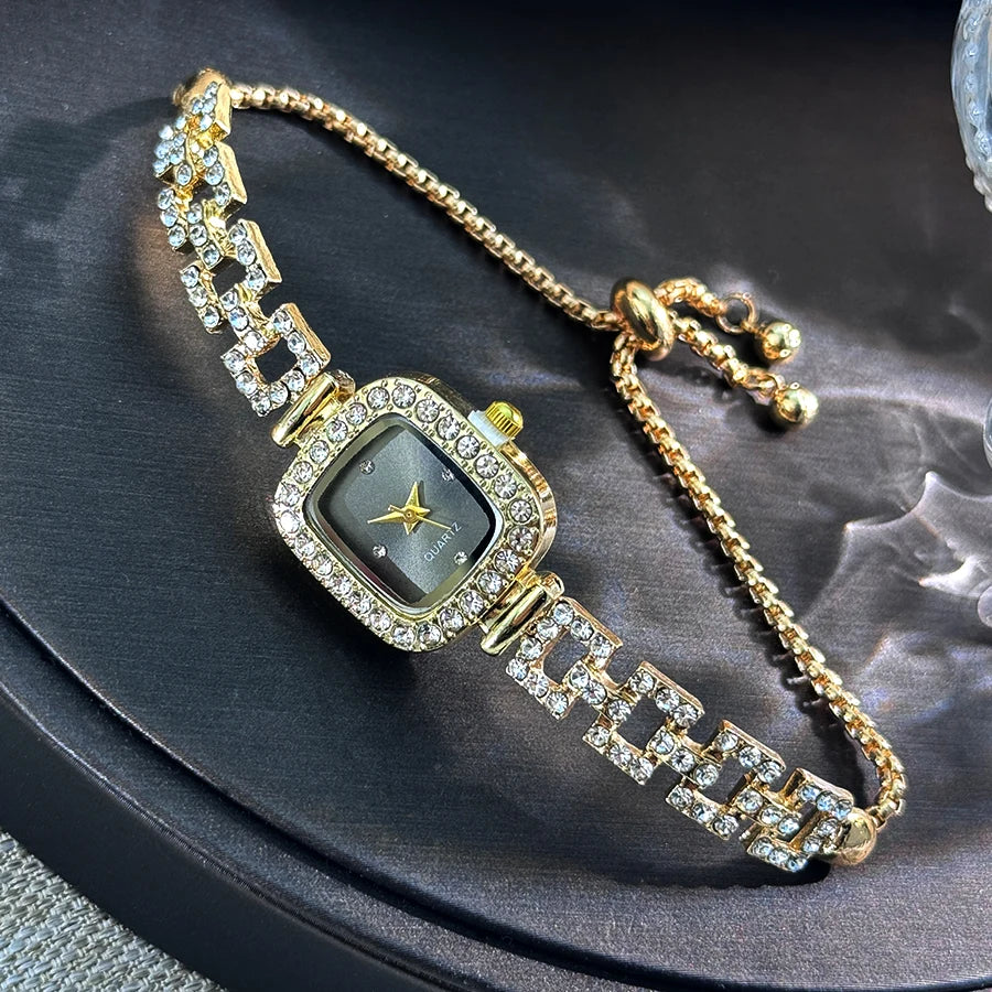 Cross-Border New Small Square Bracelet Pull Women's Watch Free Adjustment Square Chain Diamond Set Small Ladies Quartz Watch