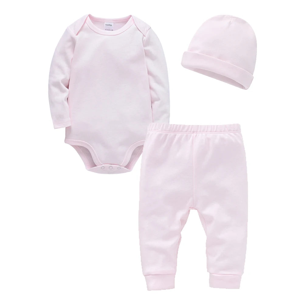 2/3 Pieces Set 100% Cotton Baby Rompers Pants Hat Blank Colors Kids Trousers Plain Newborn Clothing Muslin Bodysuit Clothes