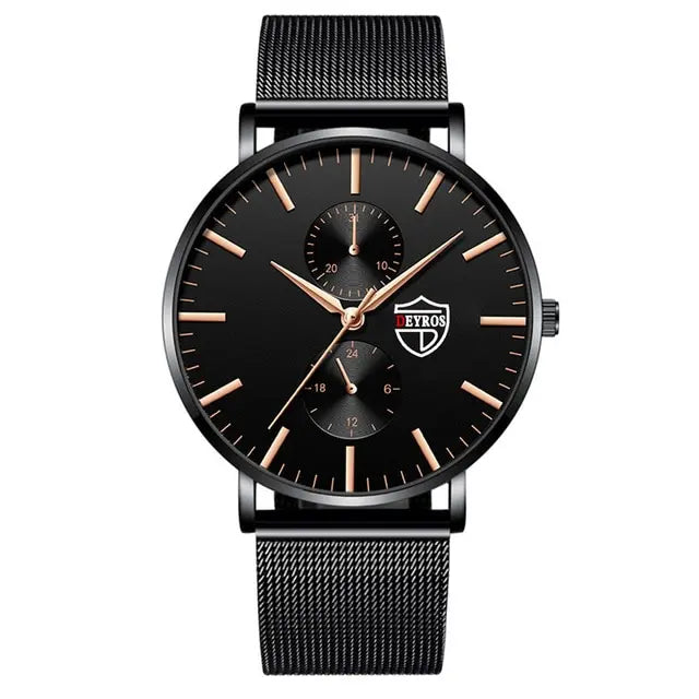 Mens Fashion Ultra Thin Watches Men Business Casual Quartz Wrist Watch Luxury Black Stainless Steel Mesh Belt Watch Reloj Hombre