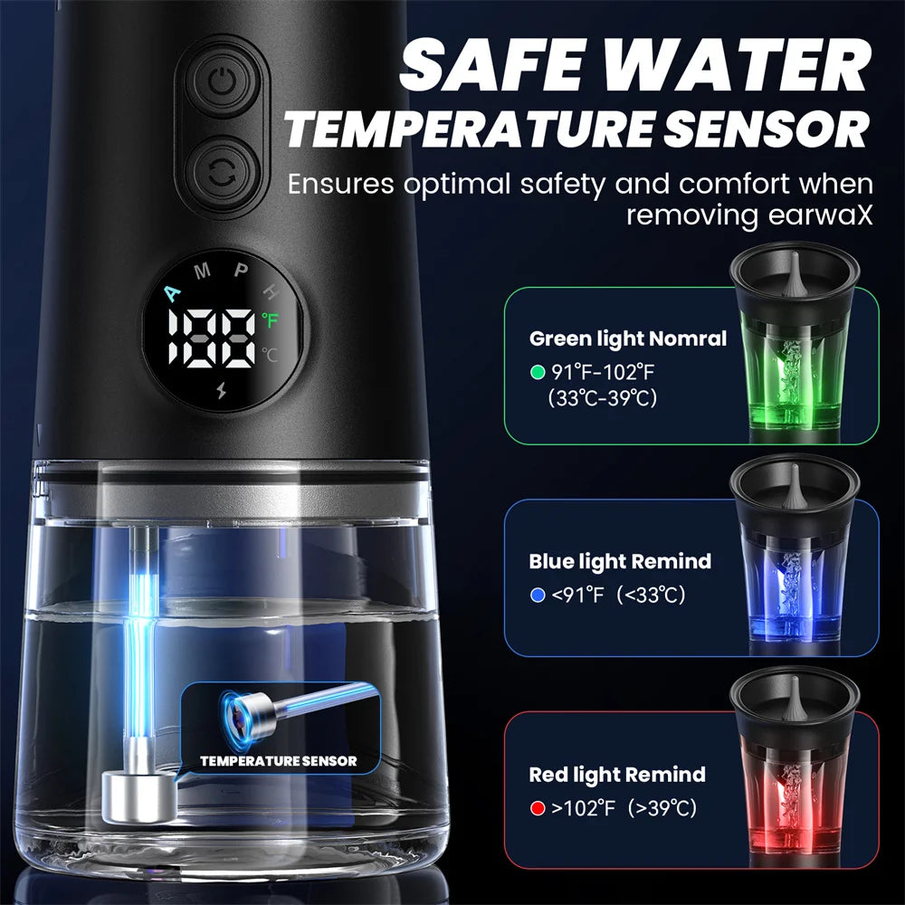 2 In 1 Dual Water Tank Electric Ear Wax Remover Safe Temp Sensor 4 Pressure Modes 2000mAh Battery Ear Washer with Multi Hole