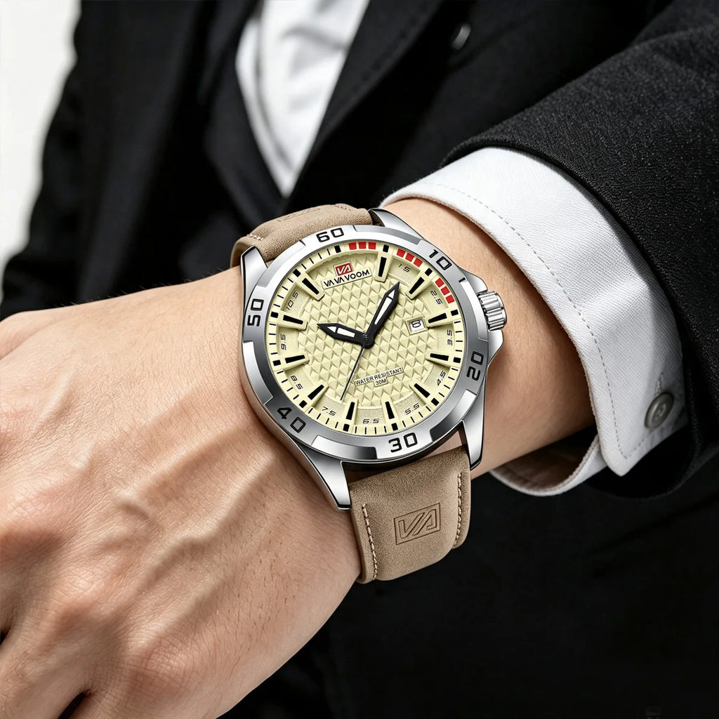 VA VA VOOM Men Casual Sport Military Quartz Calendar Wrist Watch for Man Business Leather Waterproof Male Clock Relogio Masculin