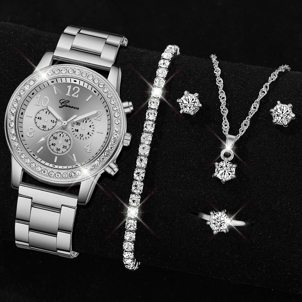Newest 5 PCS Set Gold Watch Women Luxury Ring Necklace Earrings Rhinestone Fashion Wristwatch Female Casual Watches Bracelet Set