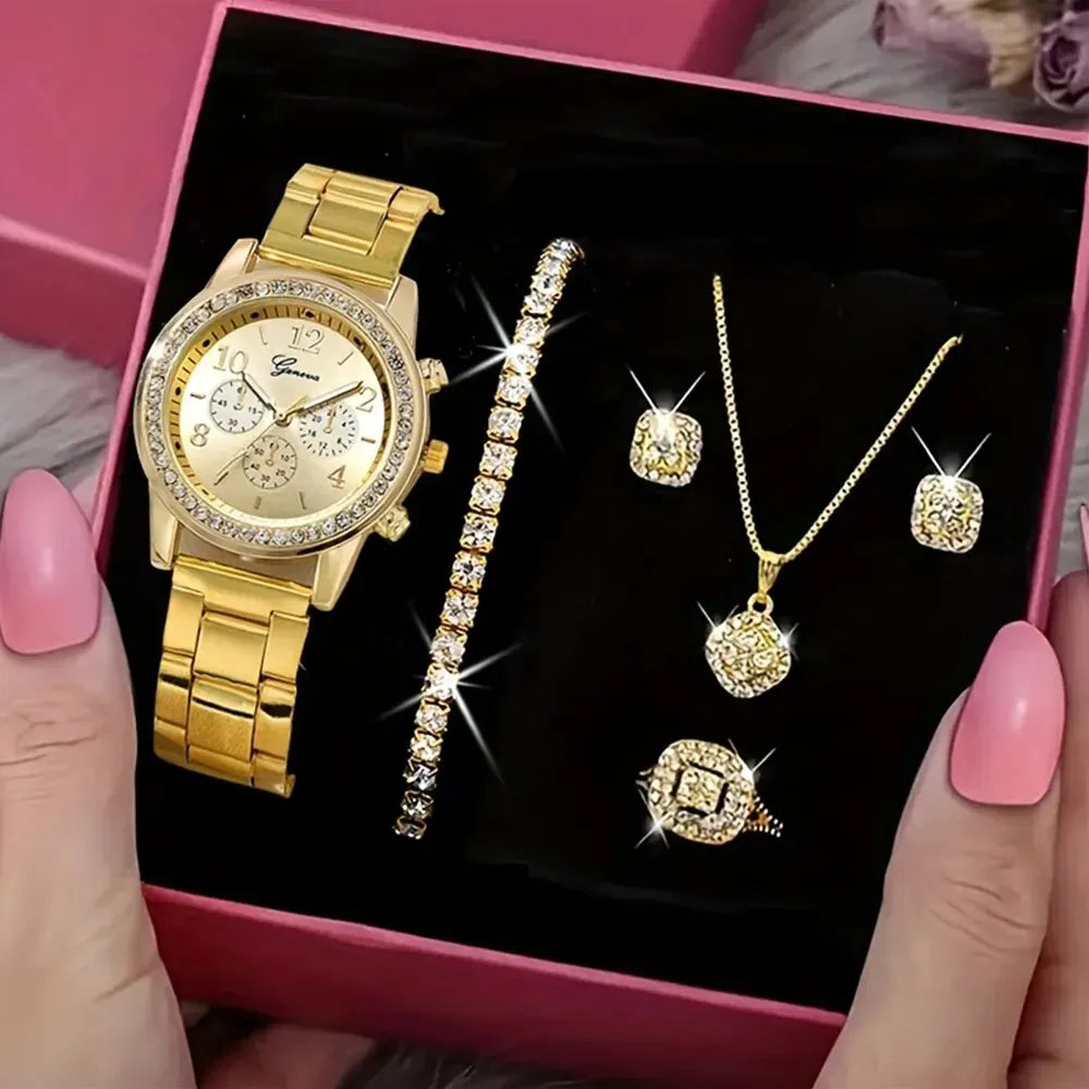 Newest 5 PCS Set Gold Watch Women Luxury Ring Necklace Earrings Rhinestone Fashion Wristwatch Female Casual Watches Bracelet Set