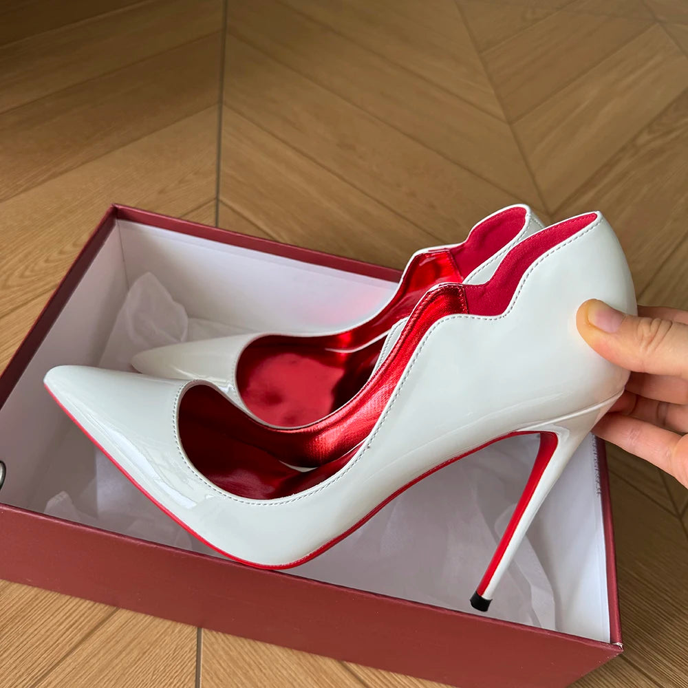 Heelgoo Glossy White Elegant Curl Cut Women Pointy Toe 12cm High Heels Black Dress Shoes Sexy V Cut Lady Wedding Stiletto Pumps