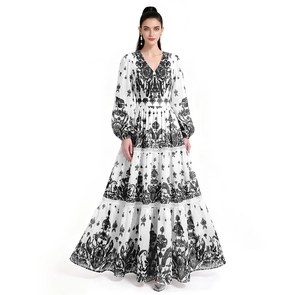 Vintage Floral Tiered Dress Women V Neck Puff Long Sleeve Belted Waist A Line Maxi Dress Spring Resort Wedding Guest Long Gown