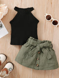2Pcs Baby Girl Sleeveless Black Top Lace Up Bow ButtoShort Skirt Summer Party Fashion Set Suitable for Baby Girl 0-24 Months
