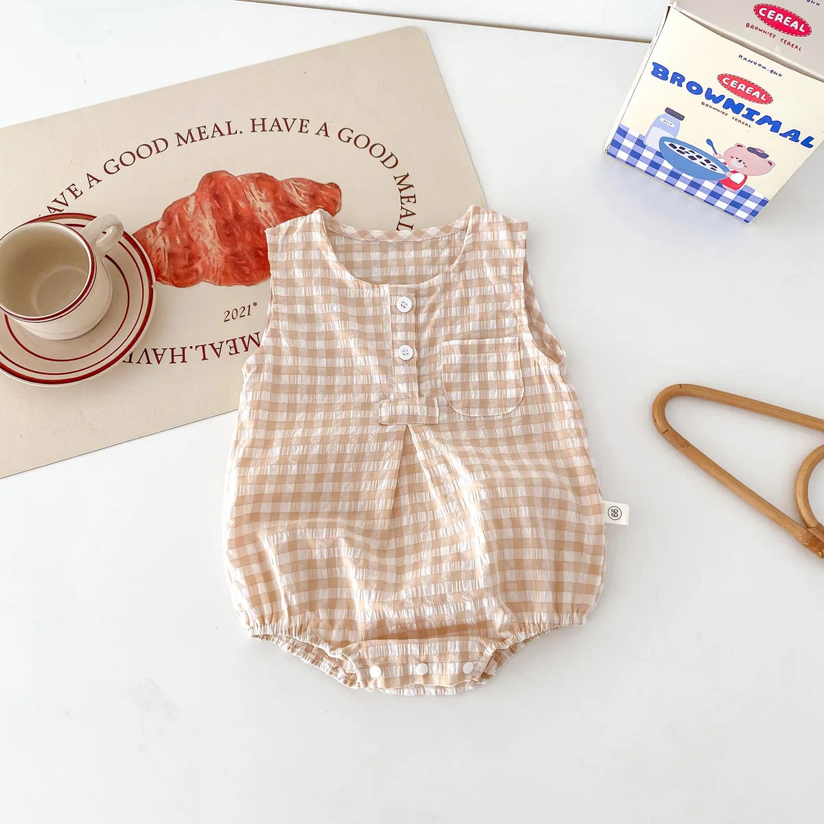 2024 Summer New in Kids Baby Girls Boys Cute Clothing Infant Toddler Plaid Sleeveless Cotton Jumpsuits Newborn Bodysuits 0-24M